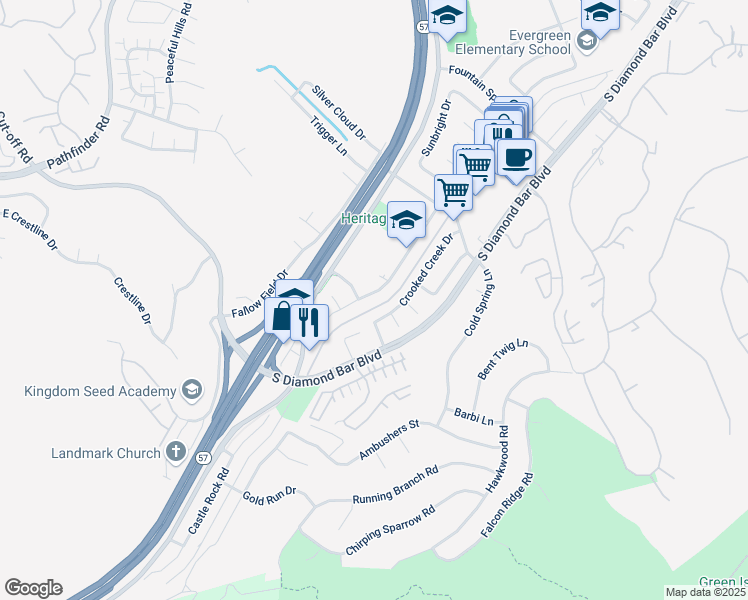 map of restaurants, bars, coffee shops, grocery stores, and more near 3062 Castlerock Road in Diamond Bar