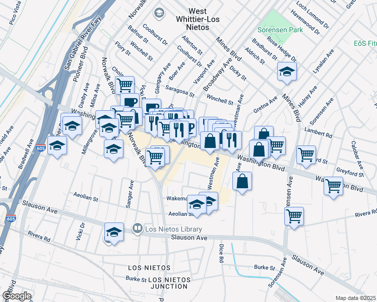 map of restaurants, bars, coffee shops, grocery stores, and more near 11426 Washington Boulevard in Whittier
