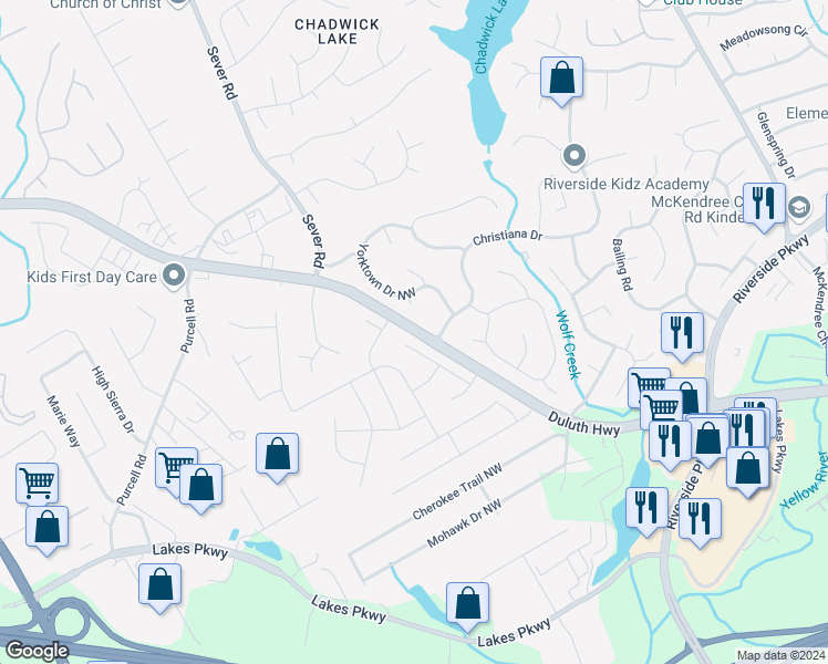 map of restaurants, bars, coffee shops, grocery stores, and more near Duluth Highway in Lawrenceville
