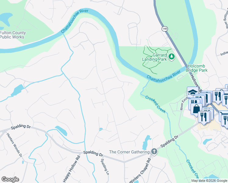 map of restaurants, bars, coffee shops, grocery stores, and more near 5035 Spruce Bluff Drive in Atlanta