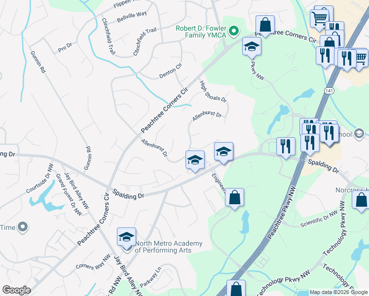 map of restaurants, bars, coffee shops, grocery stores, and more near 3748 Allenhurst Drive in Norcross