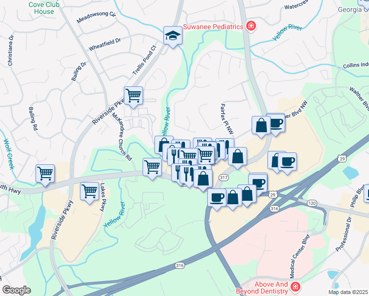 map of restaurants, bars, coffee shops, grocery stores, and more near 954 Haley Woods Lane in Lawrenceville