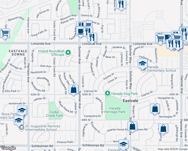 map of restaurants, bars, coffee shops, grocery stores, and more near 6278 Bluebell Street in Corona
