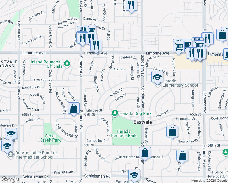 map of restaurants, bars, coffee shops, grocery stores, and more near 6437 Kaisha Street in Corona
