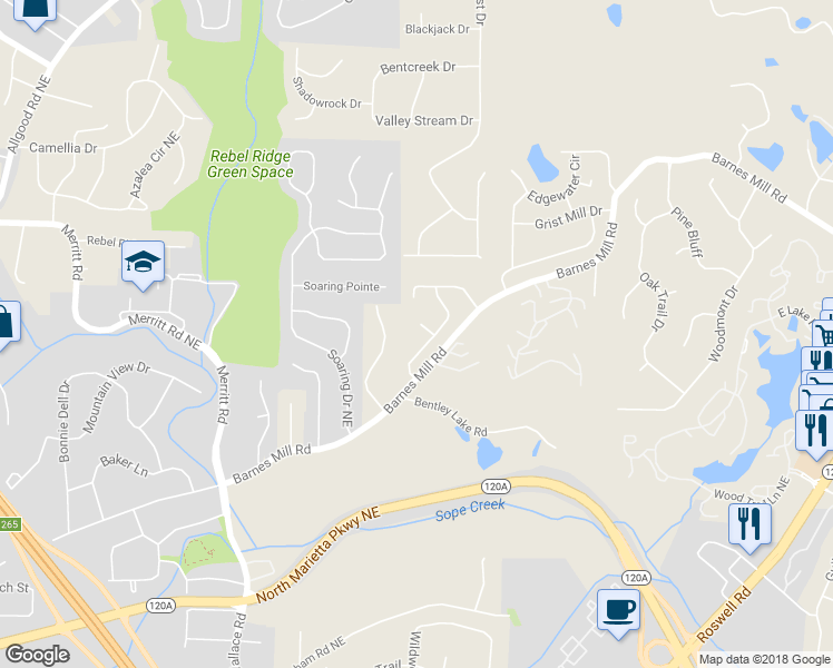 map of restaurants, bars, coffee shops, grocery stores, and more near 855 Cedar Bluff Court in Marietta