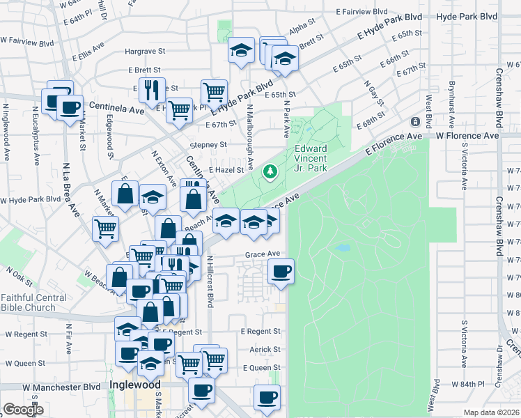 map of restaurants, bars, coffee shops, grocery stores, and more near 717 East Florence Avenue in Inglewood