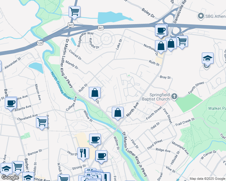map of restaurants, bars, coffee shops, grocery stores, and more near 184 Marlin Street in Athens