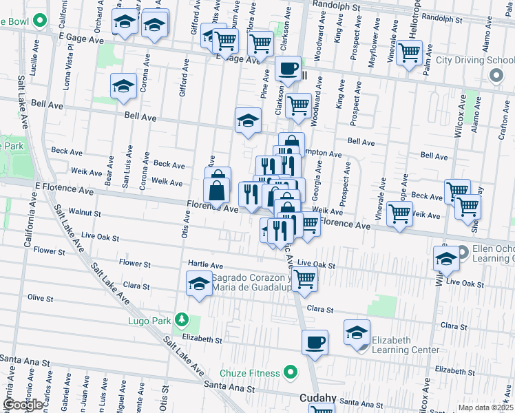 map of restaurants, bars, coffee shops, grocery stores, and more near 4559 Pine Avenue in Bell