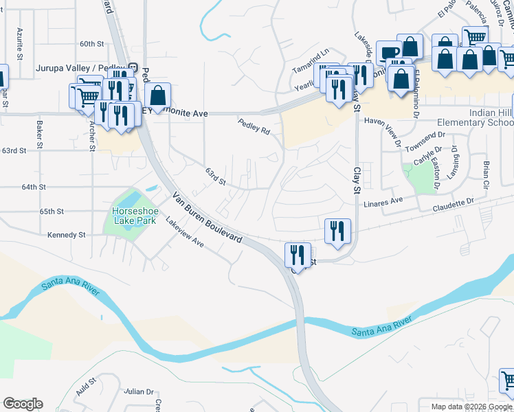 map of restaurants, bars, coffee shops, grocery stores, and more near 6605 Pedley Road in Riverside