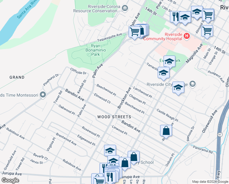 map of restaurants, bars, coffee shops, grocery stores, and more near 4241 Beechwood Place in Riverside