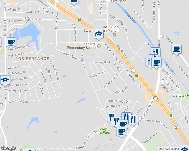 map of restaurants, bars, coffee shops, grocery stores, and more near Esther Street in Chino Hills