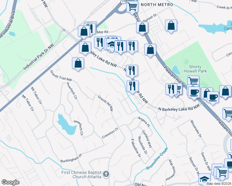 map of restaurants, bars, coffee shops, grocery stores, and more near 4175 Howell Park Road in Duluth