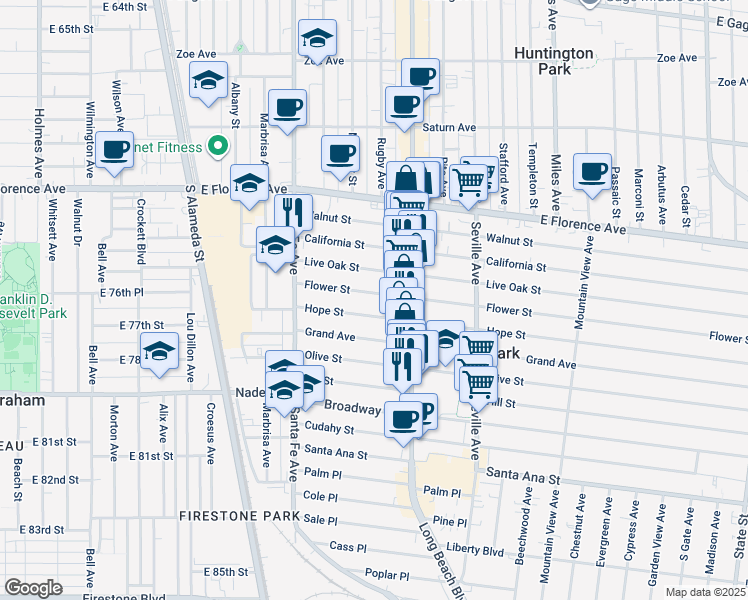 map of restaurants, bars, coffee shops, grocery stores, and more near 2526 Flower Street in Huntington Park