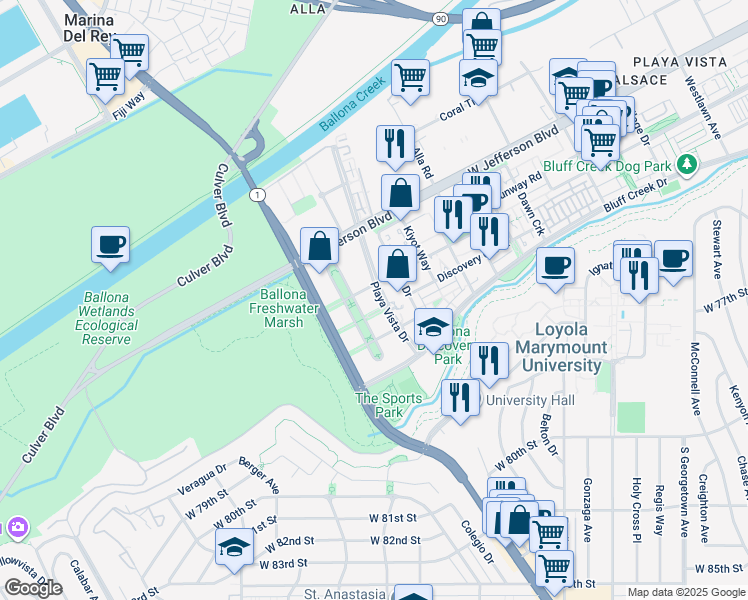map of restaurants, bars, coffee shops, grocery stores, and more near 13200 Pacific Promenade in Los Angeles