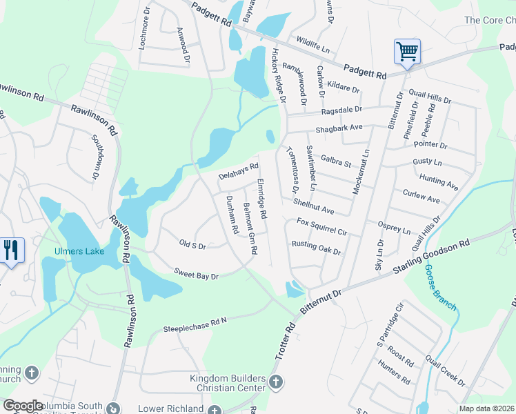 map of restaurants, bars, coffee shops, grocery stores, and more near 13 Screech Owl Court in Columbia