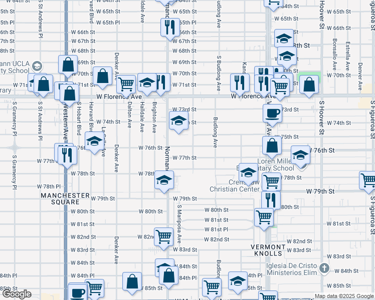map of restaurants, bars, coffee shops, grocery stores, and more near 1310 West 76th Street in Los Angeles