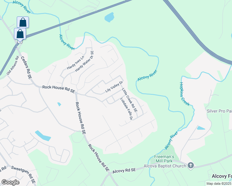 map of restaurants, bars, coffee shops, grocery stores, and more near Alcovy Falls Drive Southeast in Lawrenceville