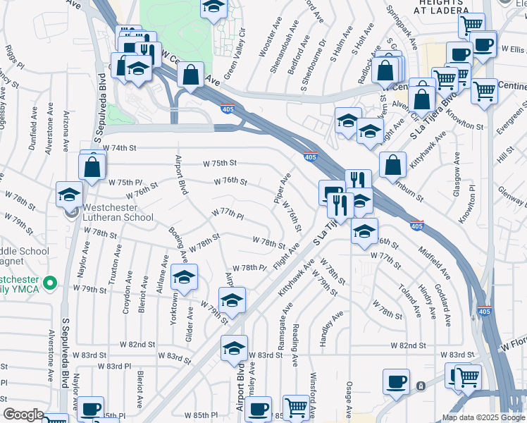 map of restaurants, bars, coffee shops, grocery stores, and more near 5858 Abernathy Drive in Los Angeles
