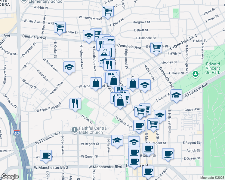map of restaurants, bars, coffee shops, grocery stores, and more near 626 North La Brea Avenue in Inglewood