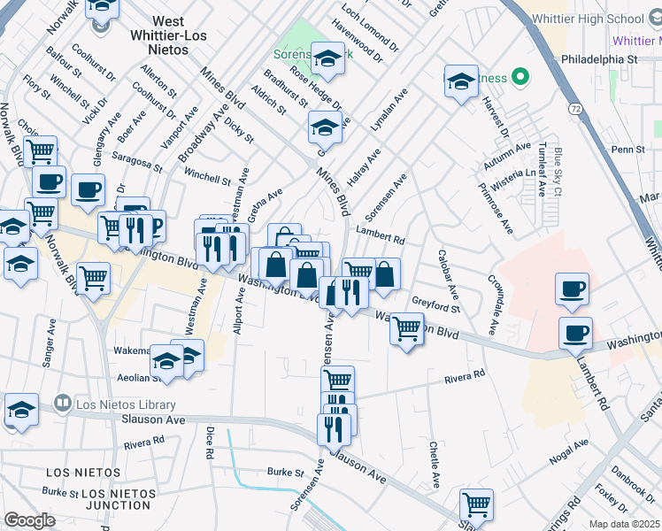 map of restaurants, bars, coffee shops, grocery stores, and more near 7930 Chatfield Avenue in Whittier