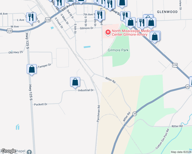 map of restaurants, bars, coffee shops, grocery stores, and more near 941 South Main Street in Amory