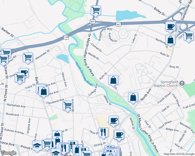 map of restaurants, bars, coffee shops, grocery stores, and more near 1016 Doctor Martin Luther King Junior Parkway in Athens