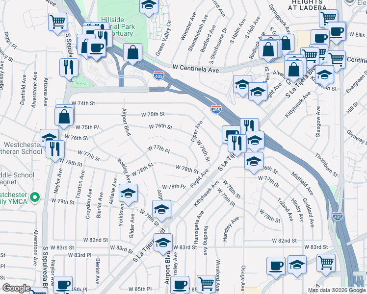 map of restaurants, bars, coffee shops, grocery stores, and more near 5858 Abernathy Drive in Los Angeles