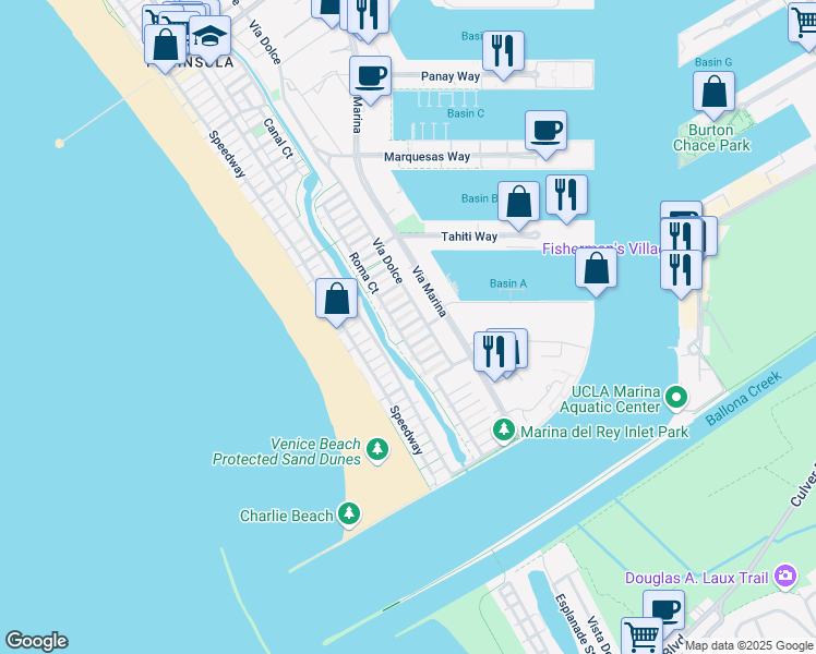 map of restaurants, bars, coffee shops, grocery stores, and more near 117 Reef Court in Marina del Rey