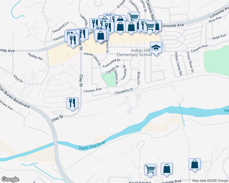 map of restaurants, bars, coffee shops, grocery stores, and more near 7978 Claudette Drive in Riverside
