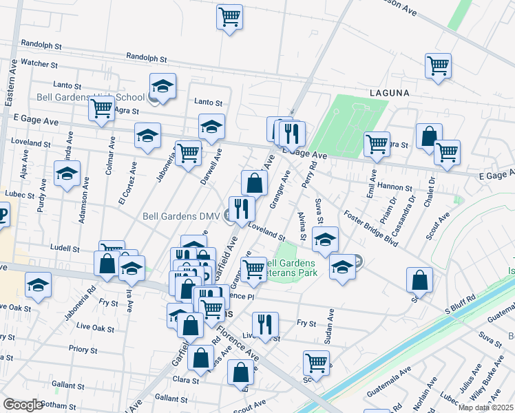 map of restaurants, bars, coffee shops, grocery stores, and more near 6805 Granger Avenue in Bell Gardens