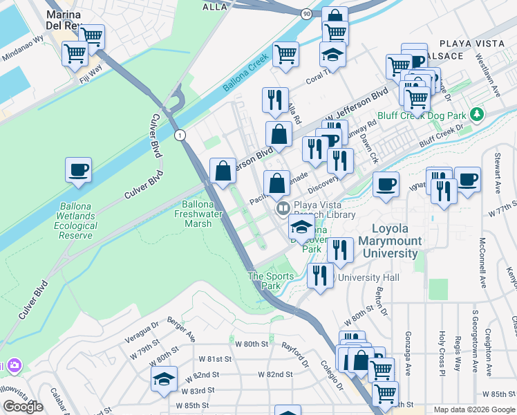 map of restaurants, bars, coffee shops, grocery stores, and more near 13200 Pacific Promenade in Playa Vista