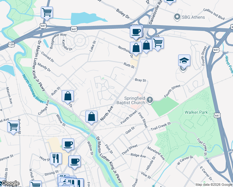 map of restaurants, bars, coffee shops, grocery stores, and more near 217 North Avenue in Athens