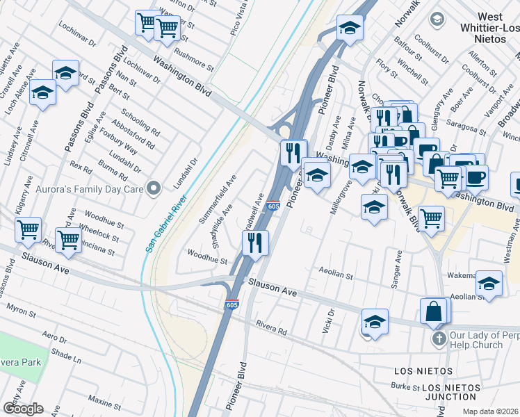 map of restaurants, bars, coffee shops, grocery stores, and more near 8160 Bradwell Avenue in Whittier