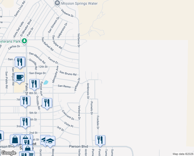 map of restaurants, bars, coffee shops, grocery stores, and more near 67145 San Ardo Road in Desert Hot Springs