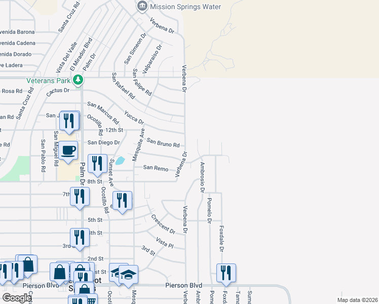 map of restaurants, bars, coffee shops, grocery stores, and more near 66978 San Ardo Road in Desert Hot Springs