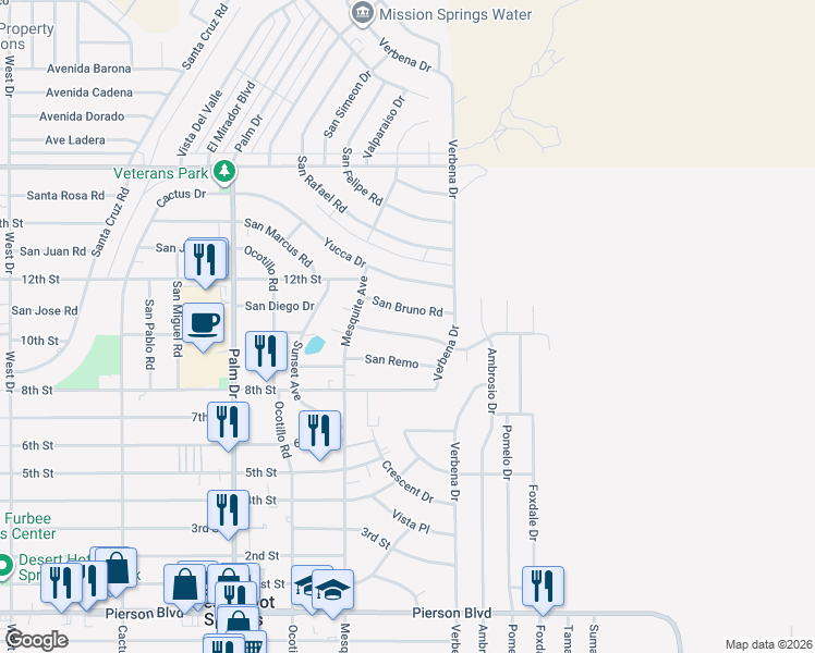 map of restaurants, bars, coffee shops, grocery stores, and more near 66893 San Ardo Road in Desert Hot Springs