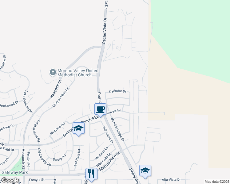 map of restaurants, bars, coffee shops, grocery stores, and more near 24736 Moonshadow Drive in Moreno Valley