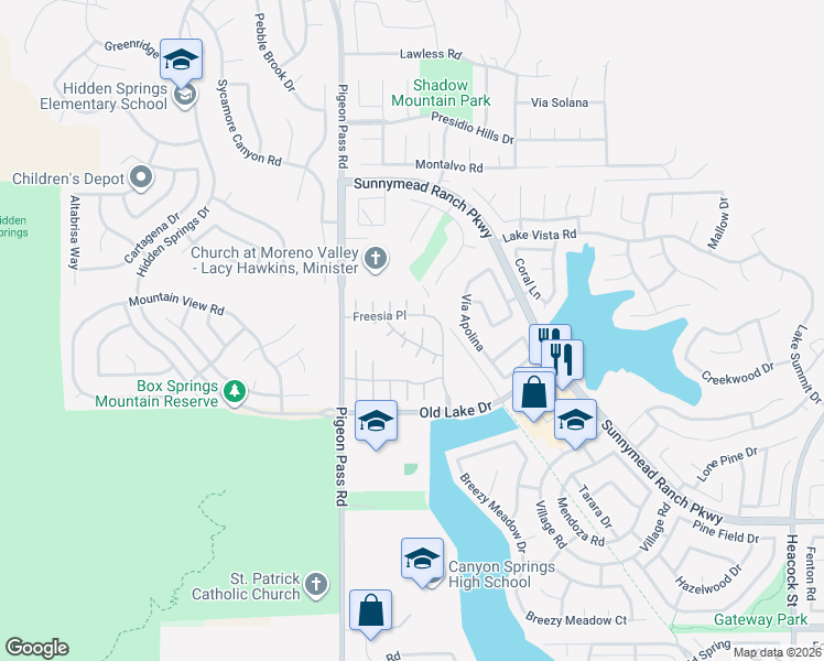 map of restaurants, bars, coffee shops, grocery stores, and more near 10350 Mockingbird Court in Moreno Valley