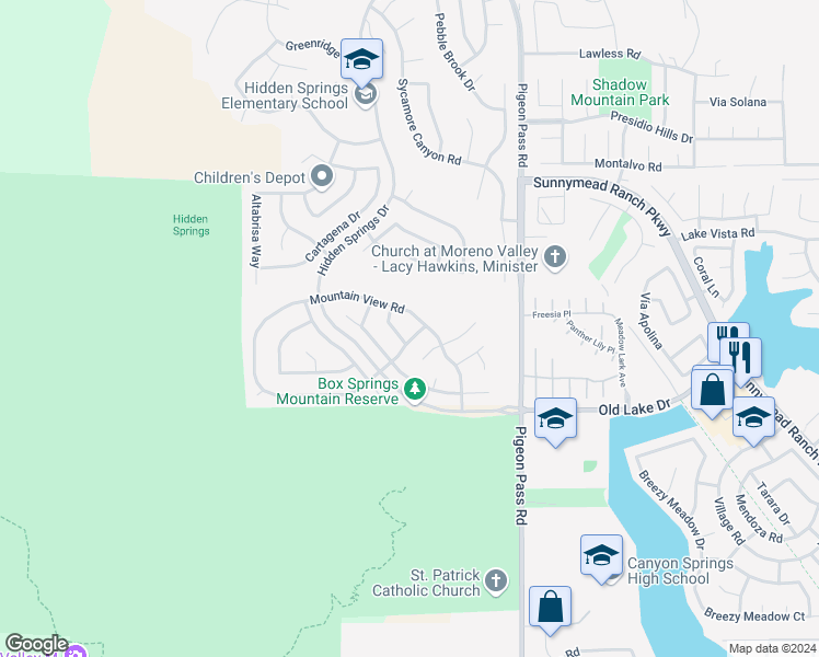 map of restaurants, bars, coffee shops, grocery stores, and more near 22781 Country Gate Road in Moreno Valley