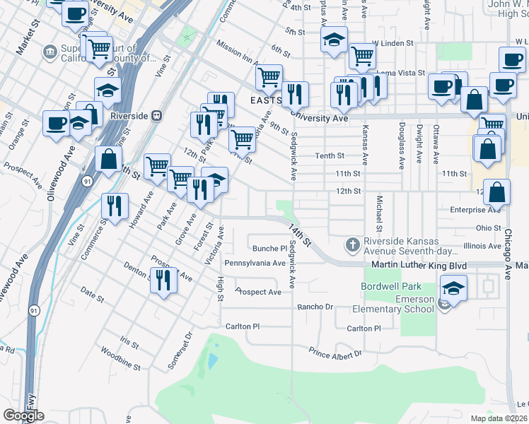 map of restaurants, bars, coffee shops, grocery stores, and more near 2474 14th Street in Riverside