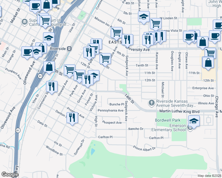 map of restaurants, bars, coffee shops, grocery stores, and more near 2616 14th Street in Riverside