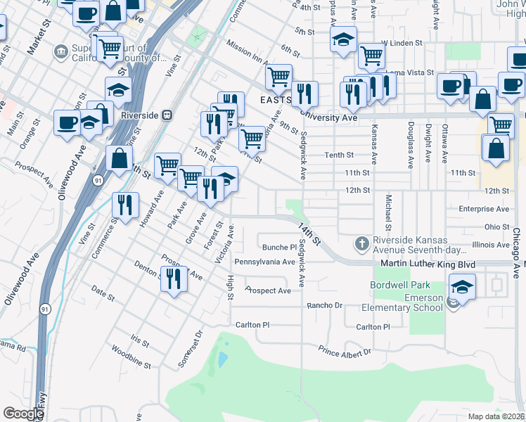 map of restaurants, bars, coffee shops, grocery stores, and more near 2616 14th Street in Riverside