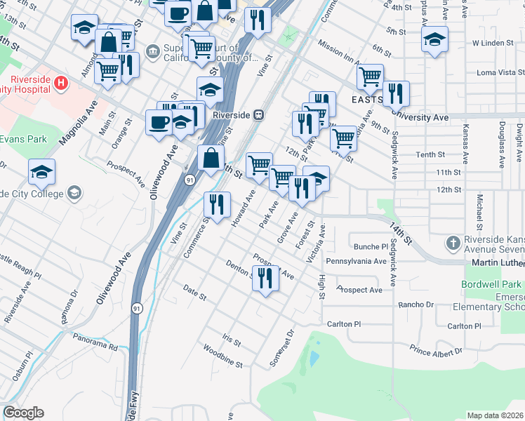 map of restaurants, bars, coffee shops, grocery stores, and more near 4494 Park Avenue in Riverside