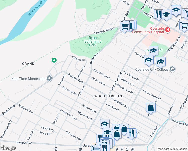 map of restaurants, bars, coffee shops, grocery stores, and more near 4443 Elmwood Court in Riverside