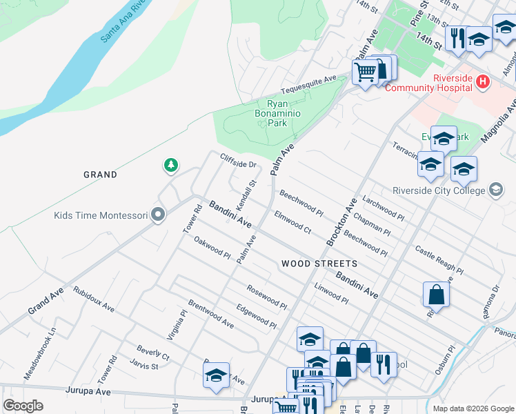 map of restaurants, bars, coffee shops, grocery stores, and more near 5345 Palm Avenue in Riverside