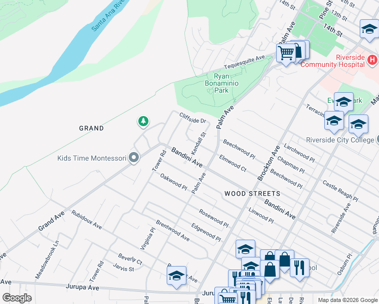 map of restaurants, bars, coffee shops, grocery stores, and more near 5395 Kendall Street in Riverside