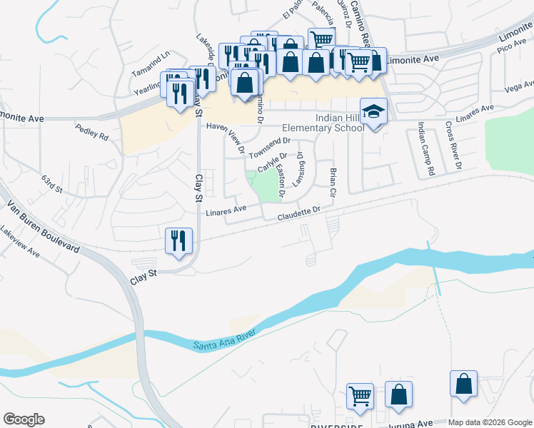 map of restaurants, bars, coffee shops, grocery stores, and more near 7978 Claudette Drive in Riverside