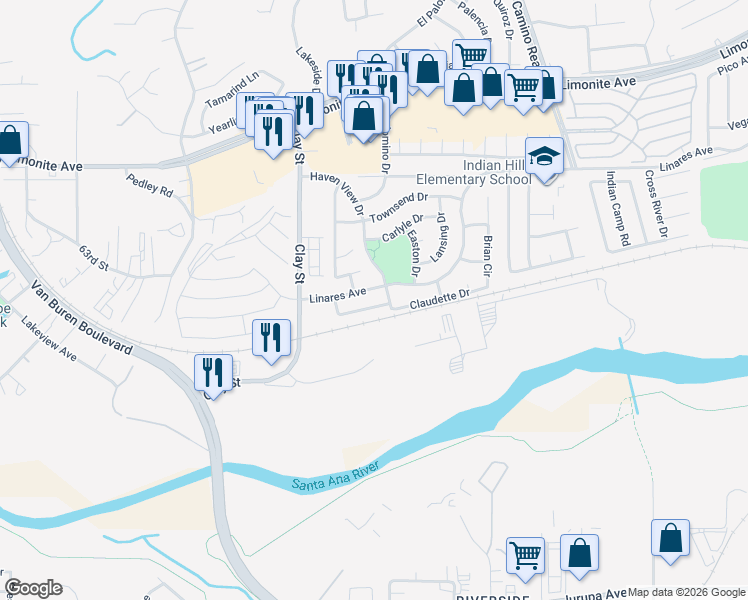 map of restaurants, bars, coffee shops, grocery stores, and more near 8033 David Way in Riverside
