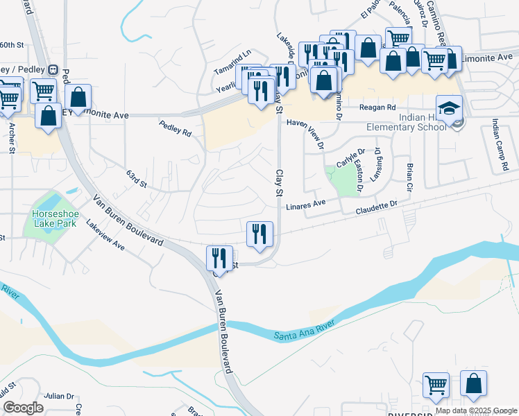 map of restaurants, bars, coffee shops, grocery stores, and more near 8175 Perada Street in Jurupa Valley