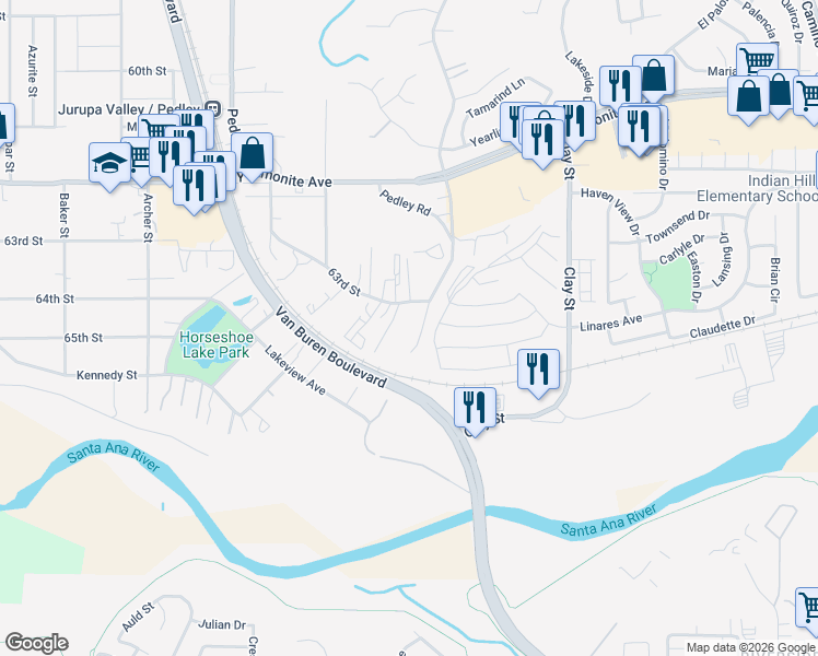 map of restaurants, bars, coffee shops, grocery stores, and more near 6605 Pedley Road in Riverside